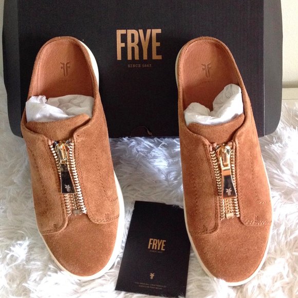 Frye Lena Zip Tan Suede Mules - Picture 6 of 12